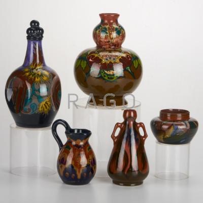 Appraisal: ZUID-HOLLAND GOUDA ETC Five pieces Violette jug with stopper double-handled