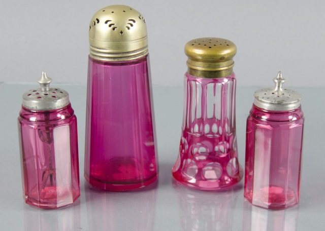 Appraisal: Four-Panel Cranberry Salt Pepper Sugar ShakersSalt and pepper shakers in