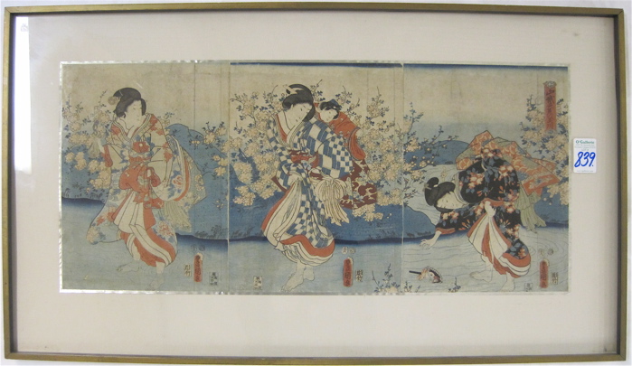 Appraisal: TOYOKUNI III KUNISADA COLOR WOODCUT TRIPTYCH Japanese - Three obans