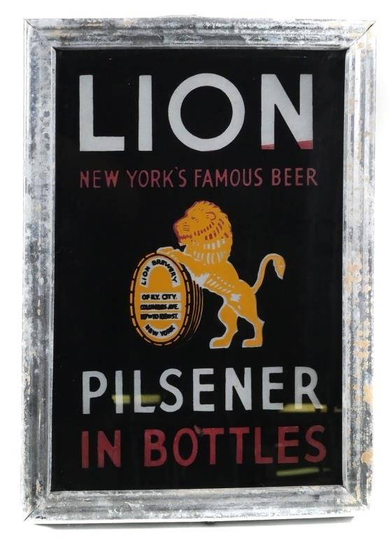 Appraisal: s Glass sign for Lion Pilsner in Bottles The Lion