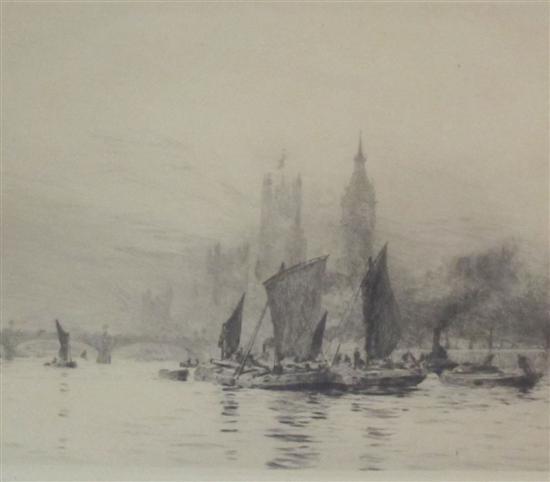 Appraisal: W L Wyllie engraving boats on the Thames Westminster in