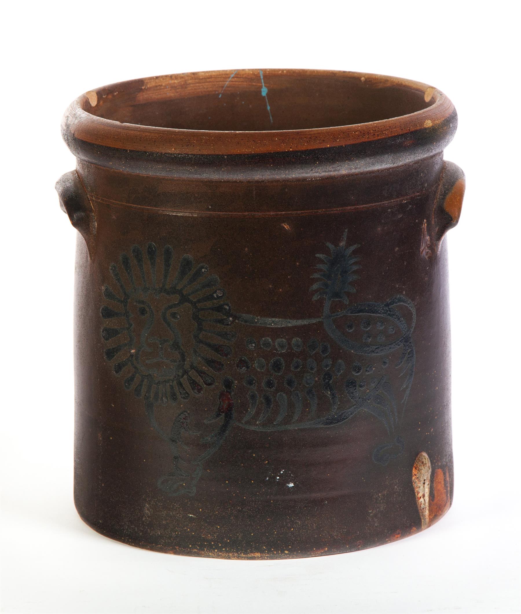 Appraisal: AMERICAN STONEWARE CROCK Second half- th century Dark with stylized