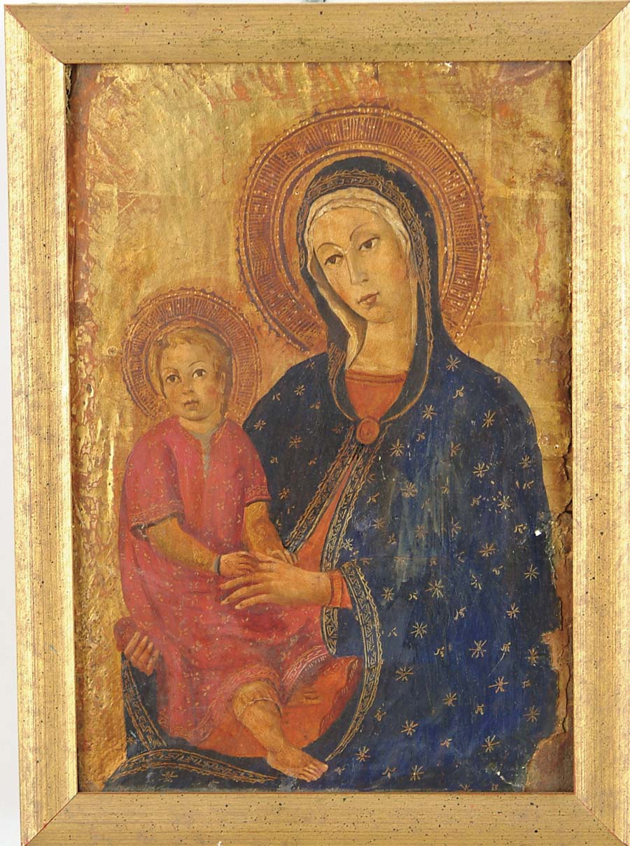 Appraisal: PAINTED WOOD ICON Madonna and child in colorful red and