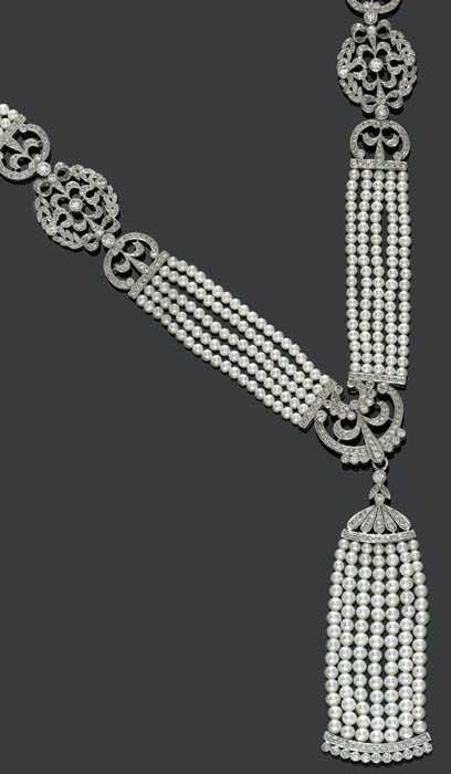 Appraisal: PEARL AND BRILLIANT-CUT DIAMOND SAUTOIR White gold Elegant -row Y