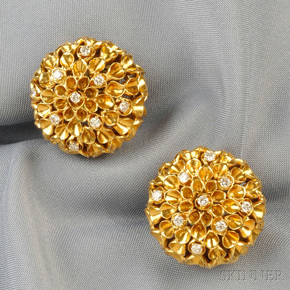 Appraisal: kt Gold and Diamond Earclips each designed as a domed