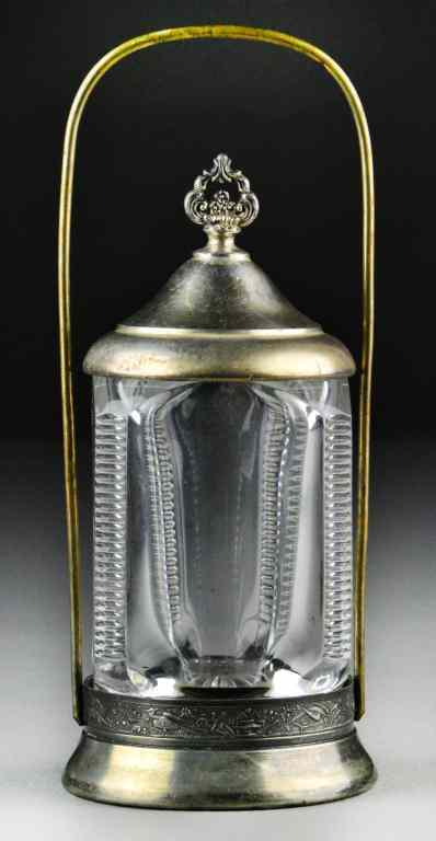 Appraisal: Glass and Silverplate Covered Bisquit Jar with HanHeavy glass body