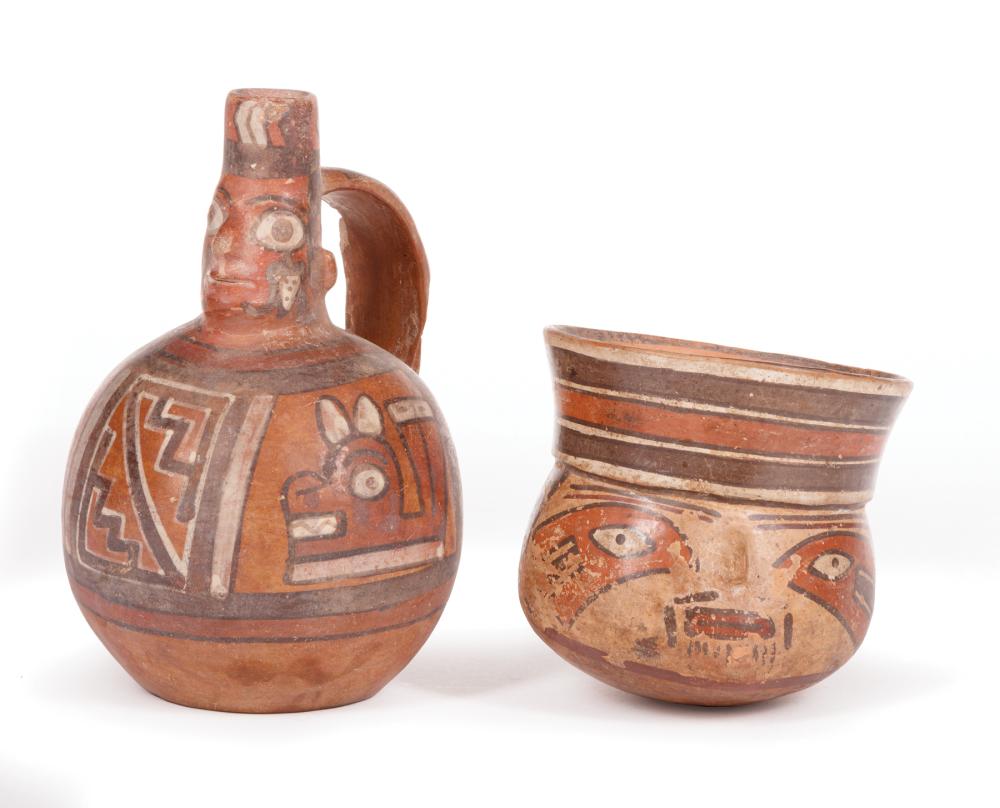 Appraisal: Pre-Columbian Peruvian Pottery Bowl and Vessel figural-form geometric decoration bowl