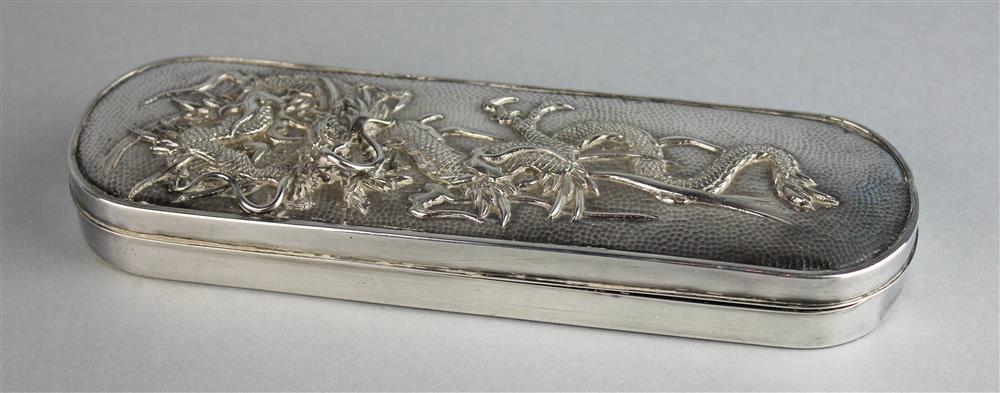 Appraisal: JAPANESE SILVER REPOUSSE PENCIL BOX AND COVER STAMPED NOMURA ZO