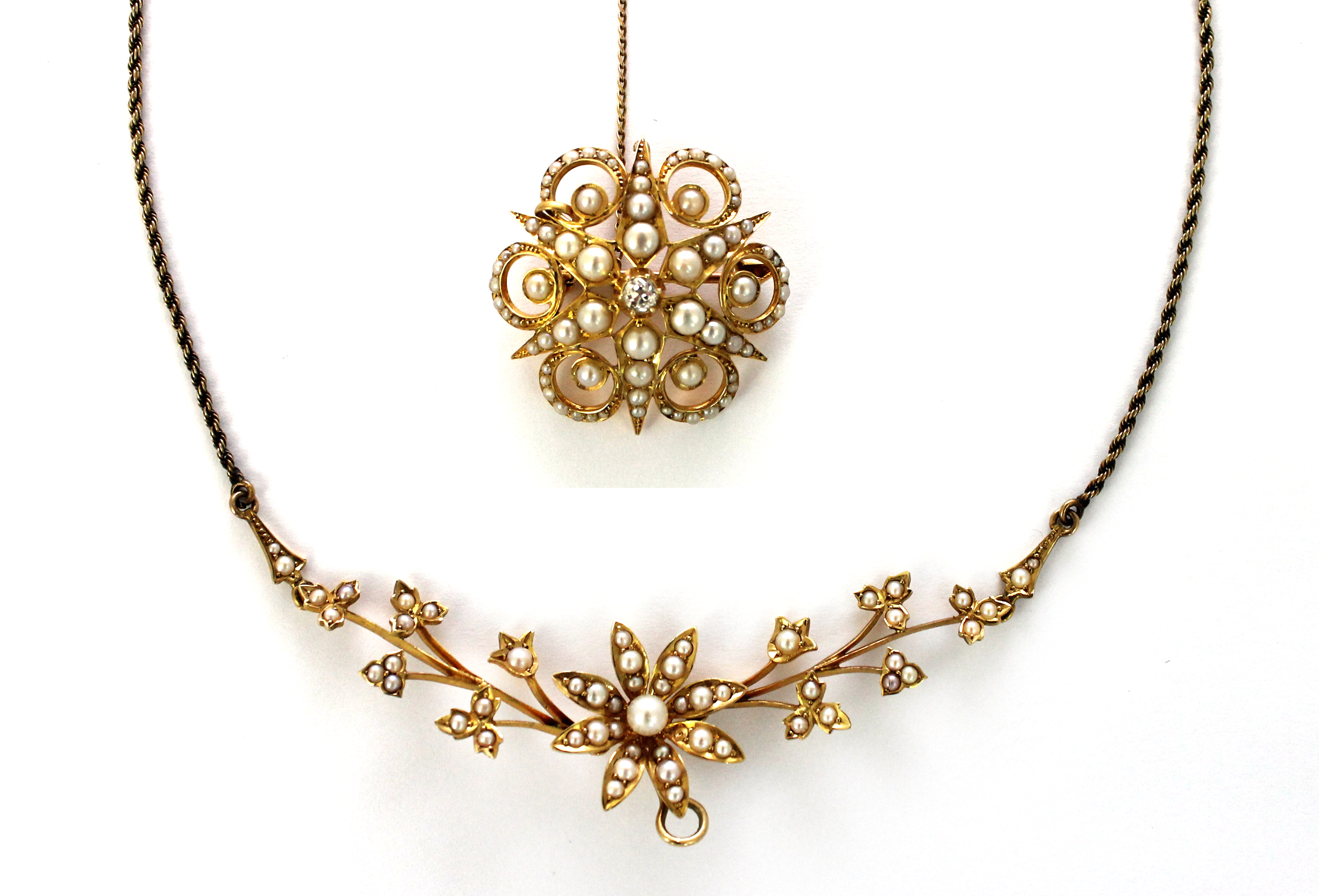 Appraisal: A gold and seed pearl set necklace in a floral