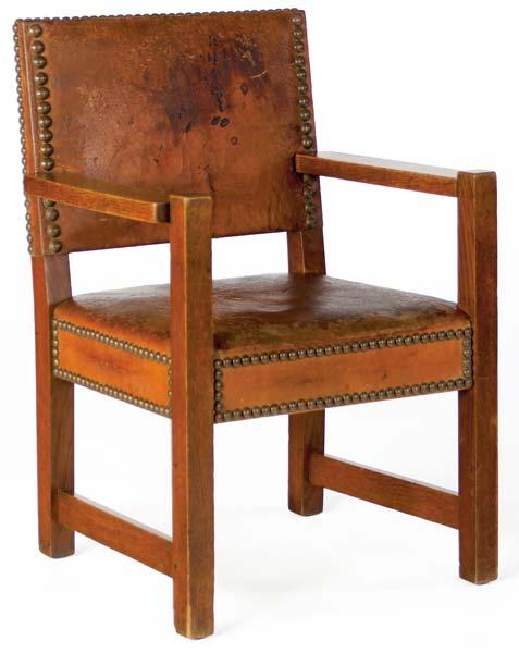 Appraisal: GUSTAV STICKLEY Early armchair no A with tacked-on hard leather