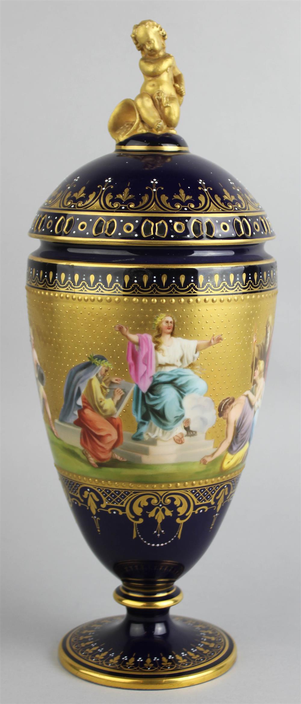 Appraisal: A VIENNA STYLE BLUE-GROUND VASE AND COVER bearing blue 'beehive'