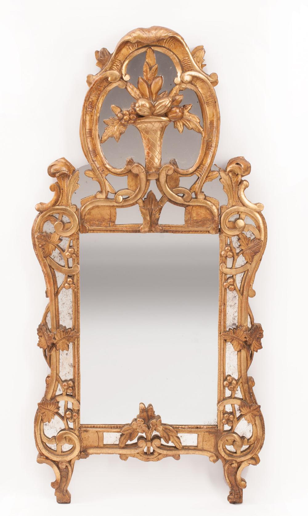 Appraisal: Antique Venetian-Style Carved Giltwood Mirror cartouche crest centered by fruit