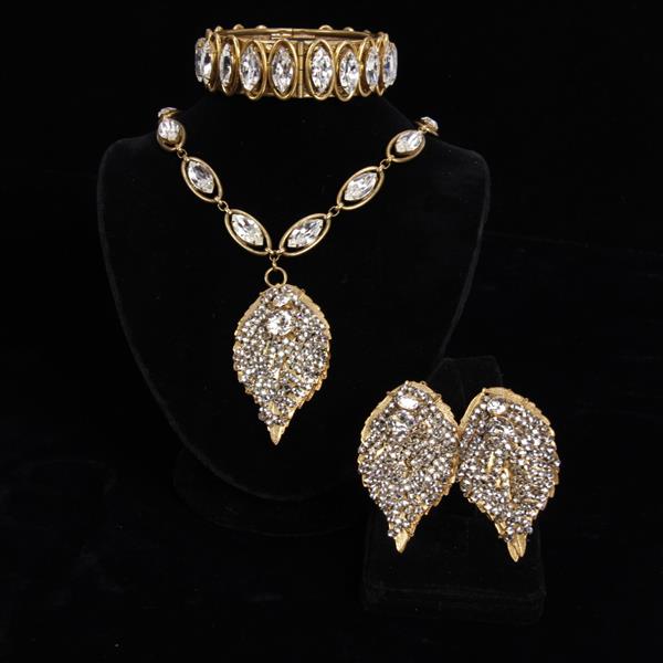 Appraisal: Miriam Haskell pc Rhinestone Leaf Necklace Bracelet Clip Earrings necklace