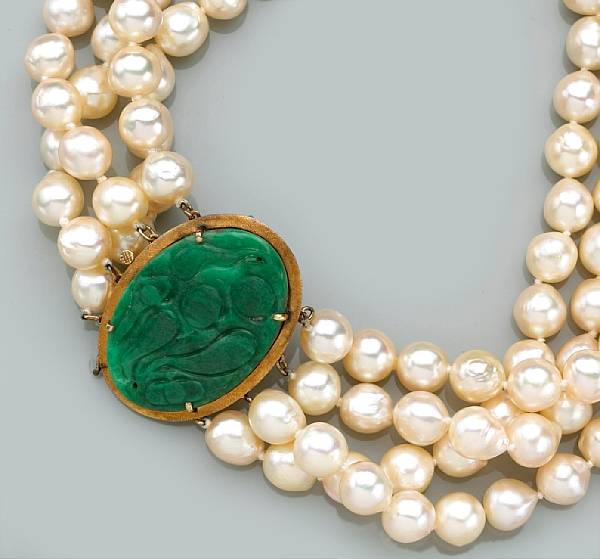 Appraisal: A cultured pearl and jadeite jade four strand necklace cultured