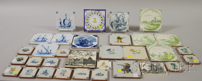 Appraisal: Thirty-two Assorted Decorated Pottery Tiles including a set of fourteen