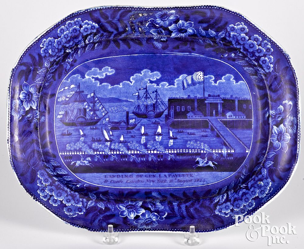 Appraisal: Historical Blue Staffordshire platter Historical Blue Staffordshire Landing of Lafayette