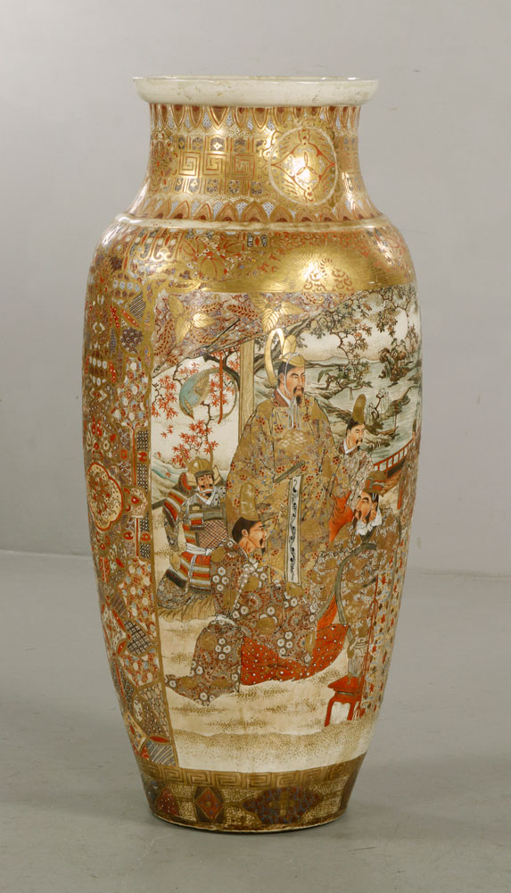 Appraisal: - Satsuma temple Vase Large Satsuma vase with warriors x