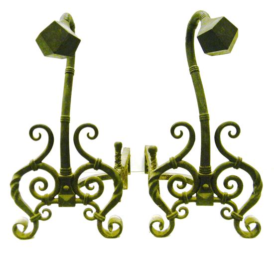 Appraisal: Pair of Bradley Hubbard wrought iron andirons scroll designs abstract