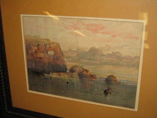 Appraisal: th Century English SchoolFishing Harbour with Village on Cliffswatercolour cm