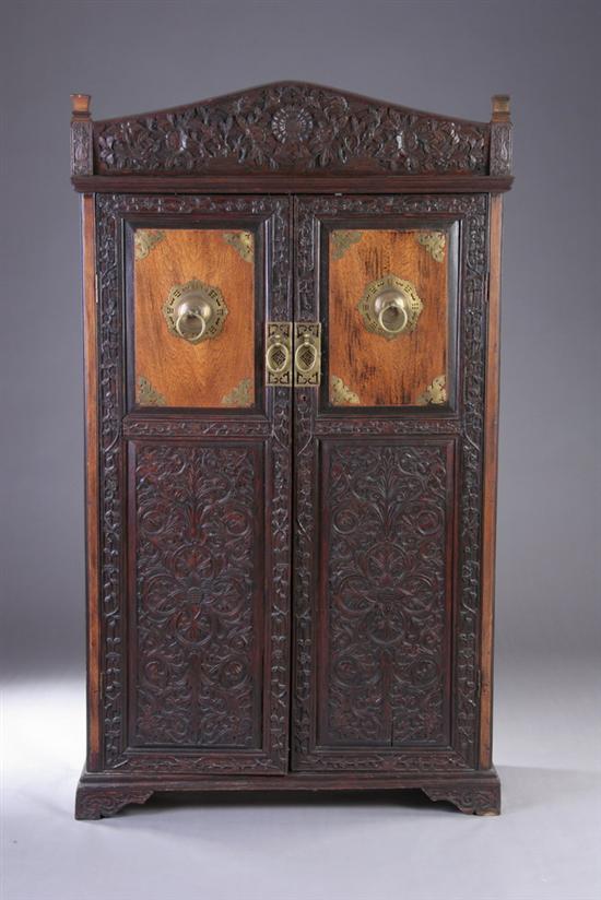 Appraisal: ANGLO-INDIAN TWO-DOOR CABINET th century Well-carved pediment with poppies and