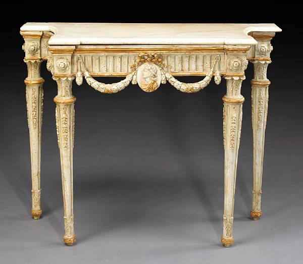 Appraisal: An Italian Neoclassical painted and parcel gilt console table late