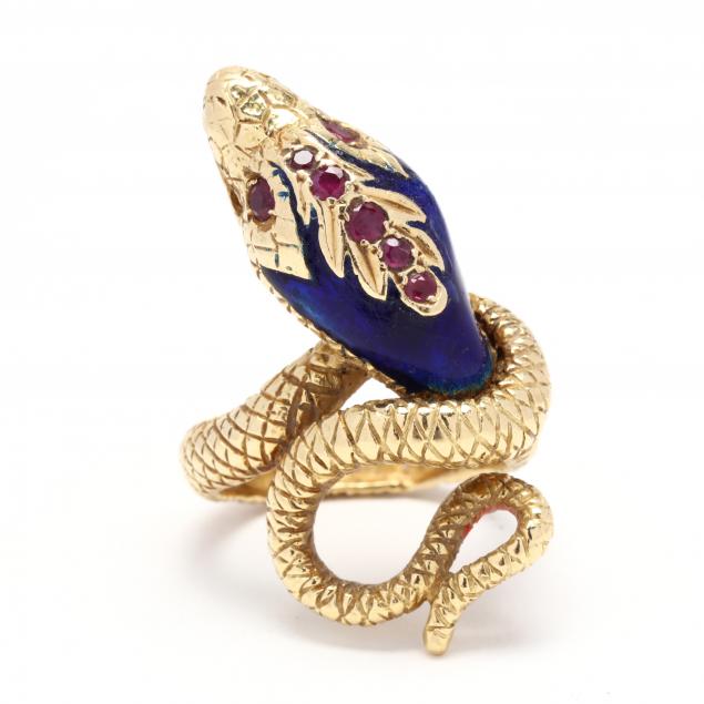 Appraisal: GOLD ENAMEL AND GEM-SET SERPENT RING Designed in a serpent