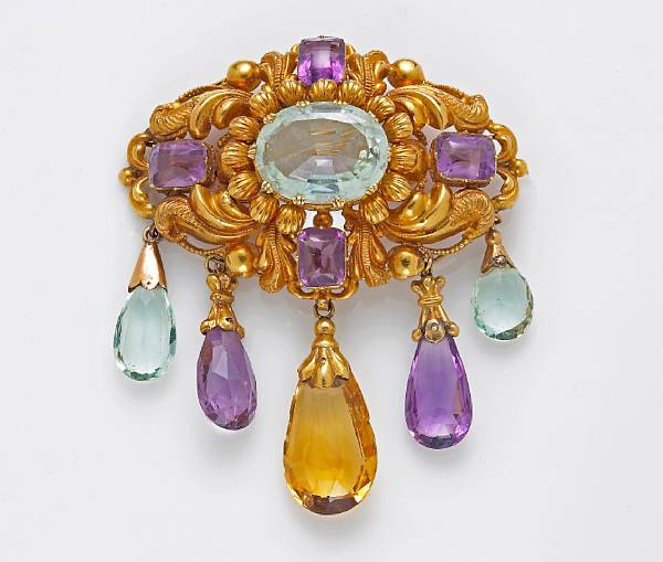 Appraisal: A Victorian aquamarine amethyst and citrine brooch featuring a removable