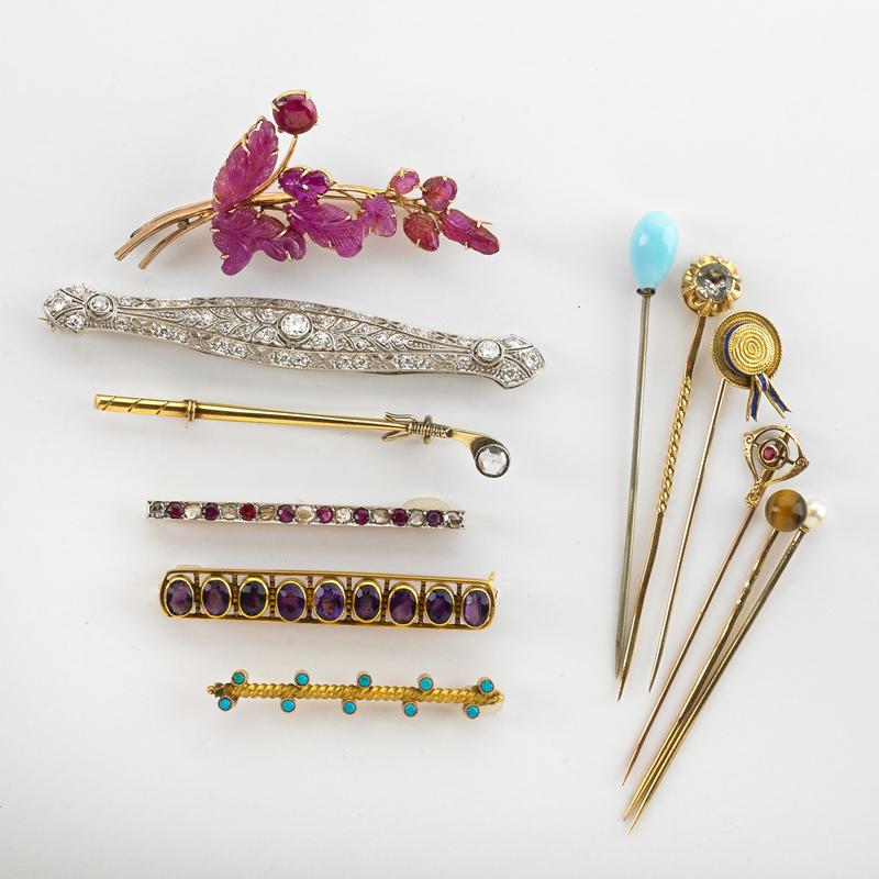 Appraisal: GROUP OF GEM-SET GOLD BROOCHES AND PINS Condition Report