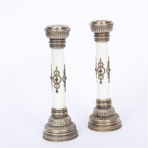 Appraisal: Pair guilloche enameled candlesticks mounted with jeweled silver No bobeches