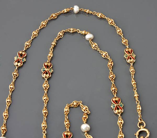 Appraisal: A gold pearl and enamel long chain French g gross