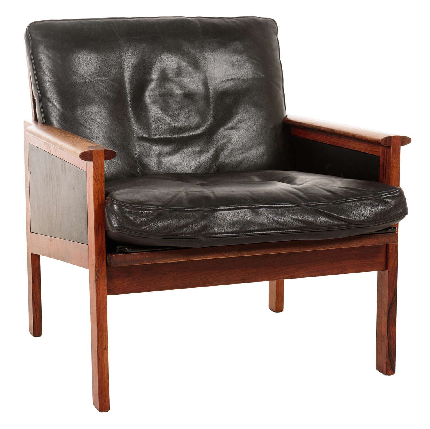 Appraisal: ILLUM WIKKELSO ARMCHAIR Black leather and rosewood Danish c s