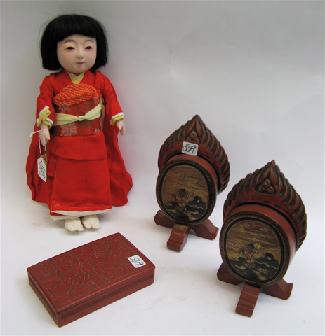 Appraisal: ASIAN BOOKENDS DOLL AND CINNABAR BOX pieces pair bookends with