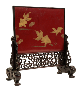 Appraisal: A JAPANESE RED AND BLACK LACQUER TABLE SCREEN Meiji decorated