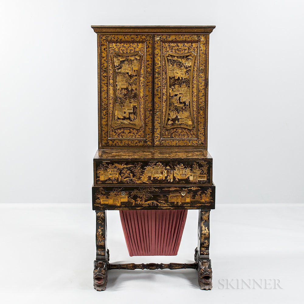 Appraisal: Chinese Export Gilt-decorated Lacquered Desk Worktable Chinese Export Gilt-decorated Lacquered