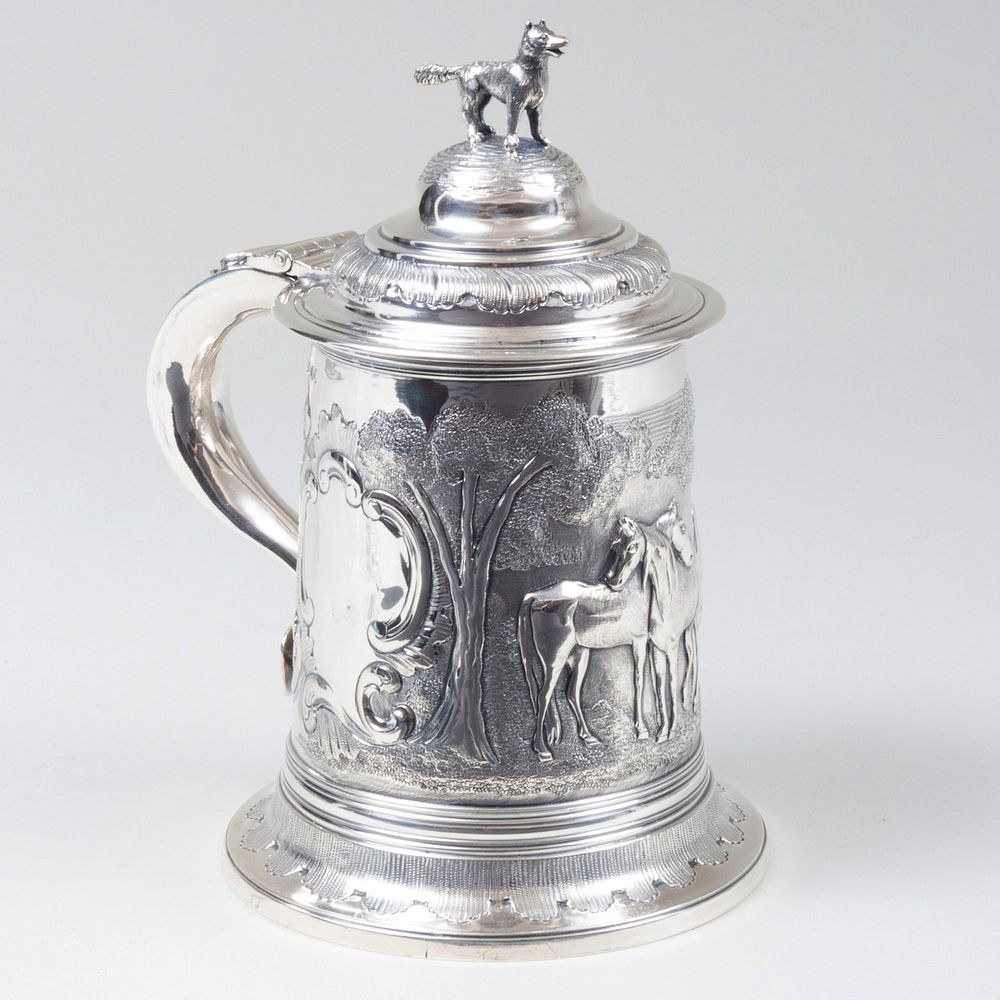 Appraisal: William IV Silver Tankard Repousse with Horses and Hound Finial