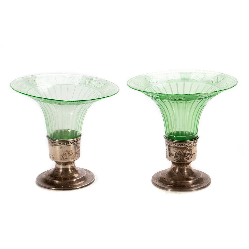 Appraisal: Pair Art Deco Glass and Silver Plate Vases Each trumpet