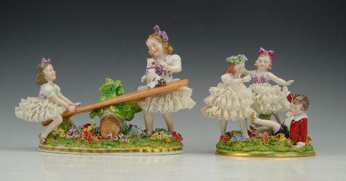 Appraisal: SITZENDORF LACY CHILDREN AT PLAY FIGURAL GROUPS Two girls on