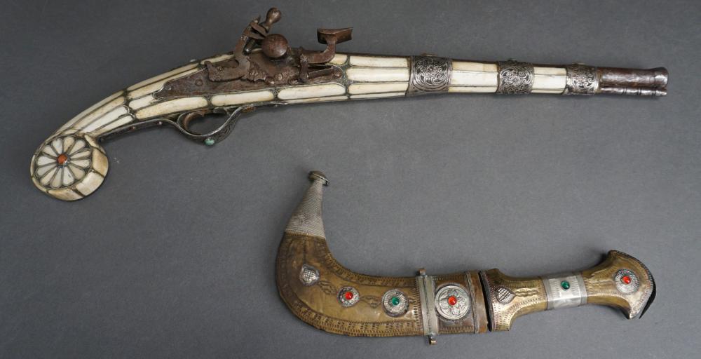 Appraisal: OTTOMAN STYLE WHEEL-POMMEL FLINTLOCK PISTOL WITH PROBABLY AN ARABIAN JAMBIYA