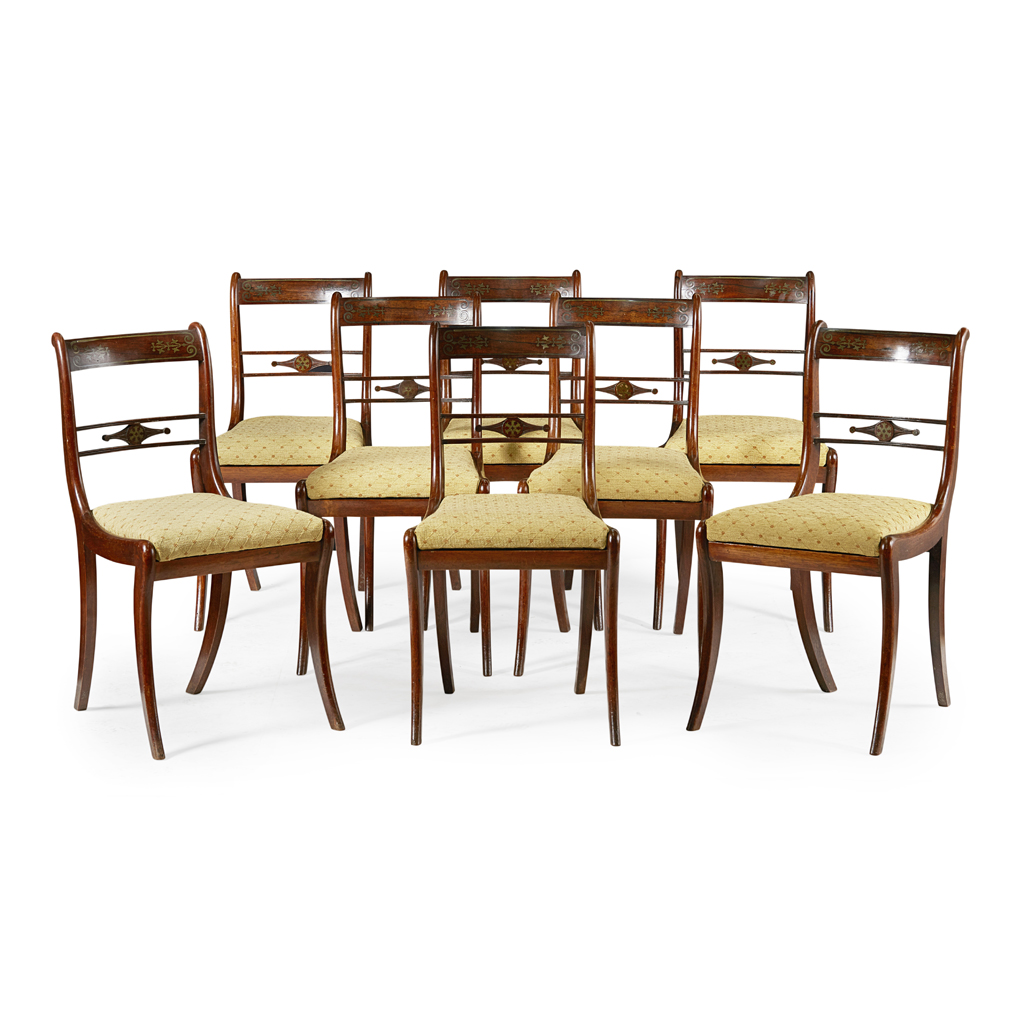 Appraisal: YSET OF EIGHT REGENCY ROSEWOOD AND BRASS INLAID DINING CHAIRS