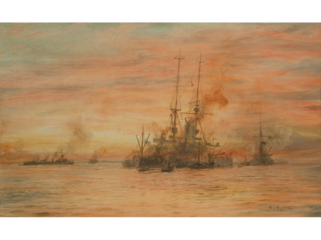 Appraisal: WILLIAM LIONEL WYLLIE Battleships loading supplies signed watercolour x -