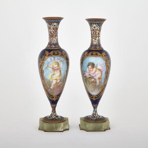 Appraisal: Pair of S vres Blue Ground Vases c painted in