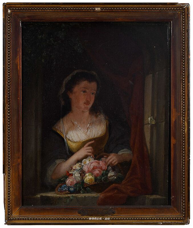 Appraisal: German School Painting th century Flower Seller in a Window