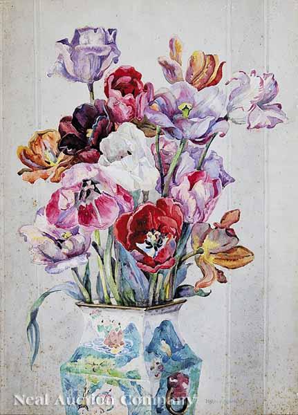 Appraisal: Isabel Wrightson British - Tulips and Chinese Vase watercolor signed