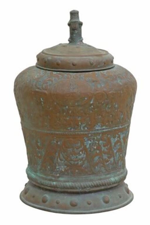 Appraisal: Spanish Baroque style copper storage container lidded urn figural finial