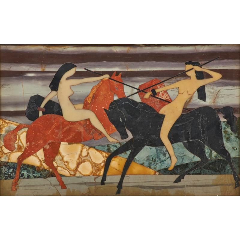 Appraisal: PIETRA DURA Framed scene depicting female warriors on horseback Italy