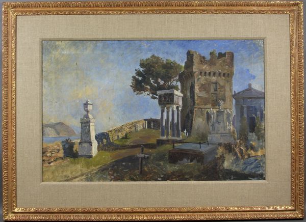 Appraisal: European School th Century landscape with ruins x x framed