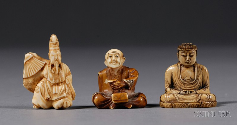 Appraisal: Three Ivory Netsuke th century the Great Buddha at Kamakura