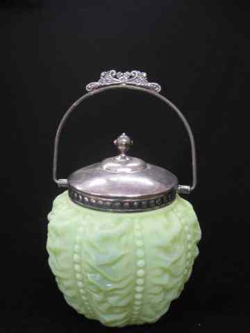 Appraisal: Victorian Green Satin Art Glass Biscuit Jar bead and puffy