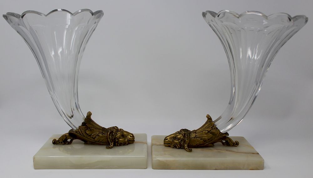 Appraisal: Pair French Gilt Bronze Crystal Cornucopia Vases Pair of Antique