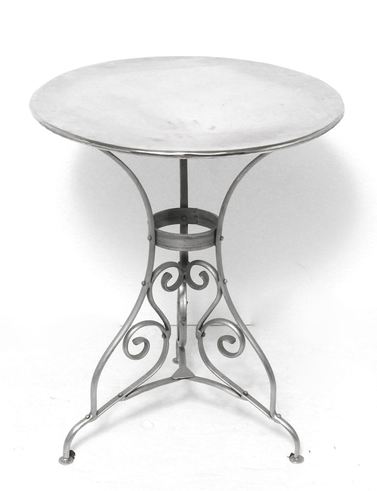 Appraisal: French Metal Bistro Table w Scrolled Tripod Base French metal